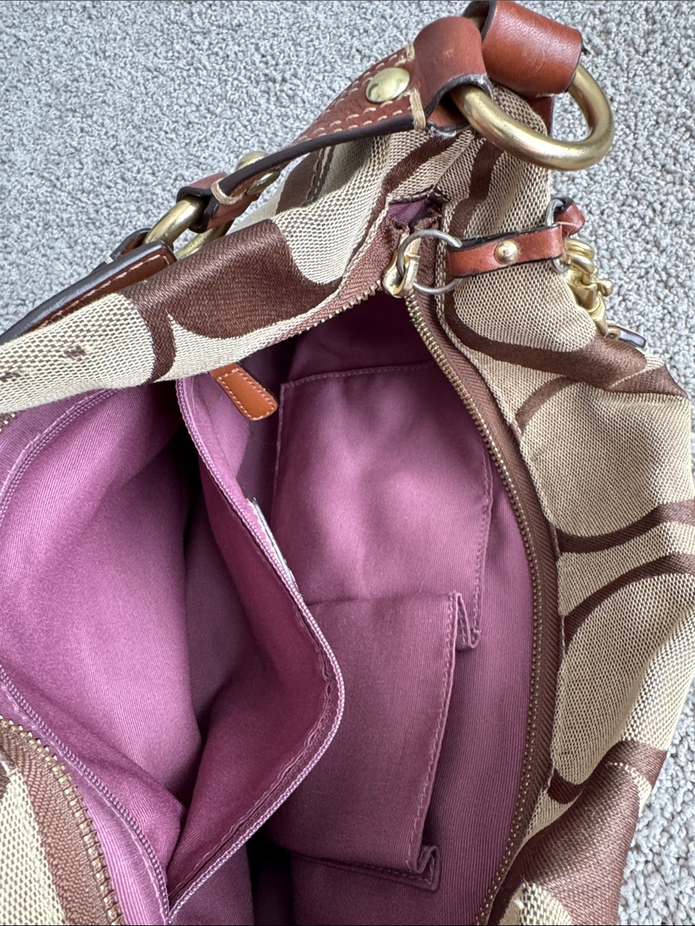 Coach Tan and Brown Signature Canvas Shoulder Bag with Leather Trim - Picture 7 of 8